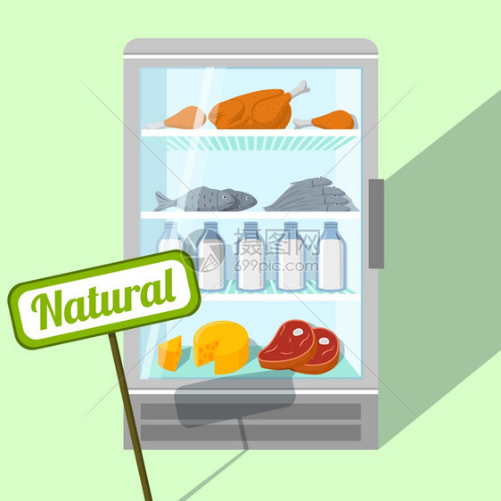 冰箱矢量图中鸡鱼肉乳制品的天然食品图片