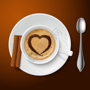 现实的白色杯子上的顶部视图,充满咖啡奶油,由肉桂图案装饰,以心矢图的形式图片