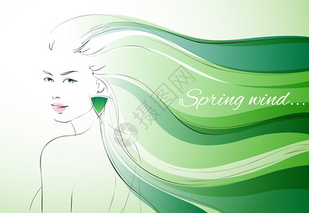 春天背景的风与富表现力的女人与波浪头发矢量插图图片