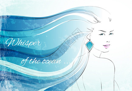 低语的海洋背景与感的女人与波浪头发矢量插图图片