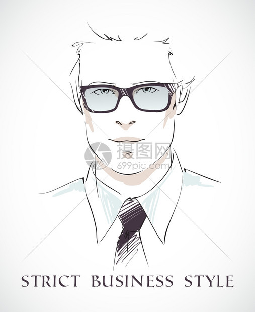 严格的商业风格时尚商人肖像与眼镜领带衬衫孤立矢量插图图片