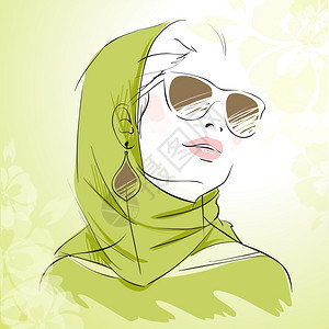 春季时尚女孩肖像绿色戴头巾与花卉背景矢量插图图片
