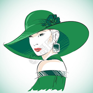 迷人的感女人肖像戴着绿色帽子耳环矢量插图图片