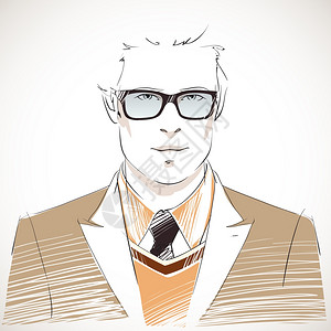 英俊的轻商人肖像戴眼镜,背心,夹克黑色领带孤立矢量插图图片
