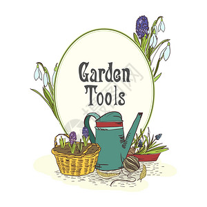 手绘园艺工具标志与浇水罐,绿色树苗幼苗矢量插图图片
