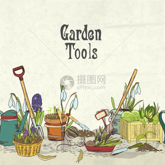 手绘园艺工具相册覆盖边界框架的植物,花卉,农业农业矢量插图图片