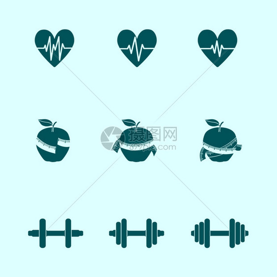 健身运动进展图标集心率力量苗条孤立矢量插图图片