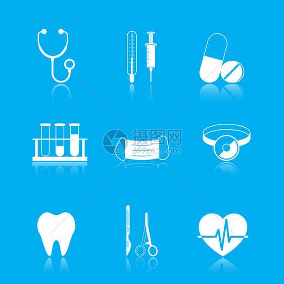 保健工具图标集听诊器管罩心脏隔离矢量插图图片