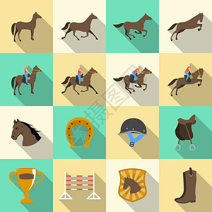 骑马平影图标集马骑手运动服装马蹄孤立矢量插图图片