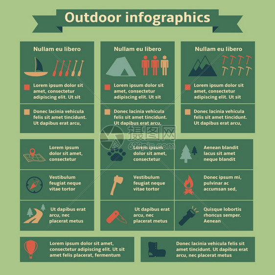 露营户外娱乐活动旅游信息图表元素的网页演示矢量插图图片