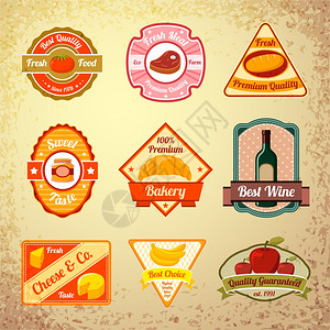 收集食物邮票标签的新鲜天然蔬菜,水果肉类产品矢量插图图片