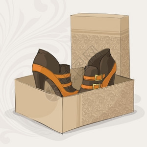 优雅的女孩39的棕色黄色脚踝靴与黄金扣开箱矢量插图图片
