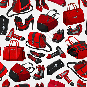 无缝女人39的时尚配件包鞋子红色图案背景矢量插图图片