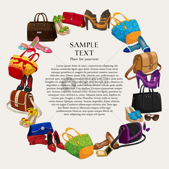 豪华时尚购物框架背景与女鞋袋配件矢量插图图片