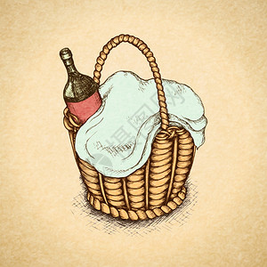 老式野餐篮与食物葡萄酒矢量插图图片