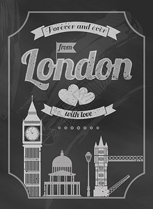 爱伦敦黑板复古海报与大本桥矢量插图图片