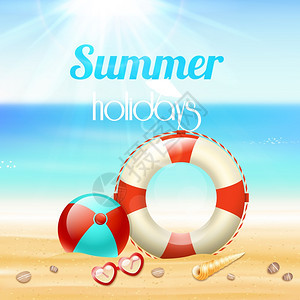 暑假旅行背景海报与太阳镜生命线海星海滩沙矢量插图图片