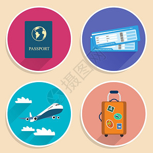 假期旅行航行图标集旅行箱机票飞机护照孤立矢量插图背景图片