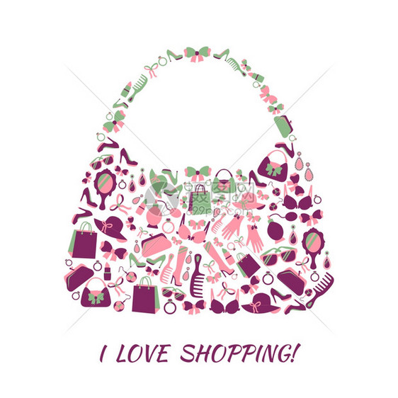 女人购物袋钱包由女孩配件爱购物文字海报矢量插图图片