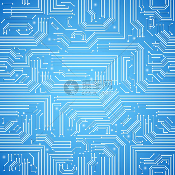 计算机电路板亮蓝色无缝图案矢量插图图片