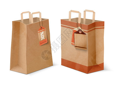 纸购物袋模板与纸板价格标签的折扣提供广告广告矢量插图图片