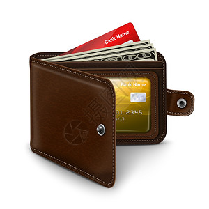 经典的现代棕色皮革口袋打开钱包与信用卡,钞票身份证文件矢量插图图片