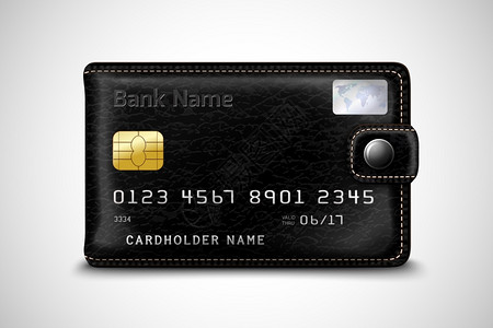 经典的现代黑色钱包与皮革纹理银行安全塑料信用卡与芯片孤立矢量插图图片