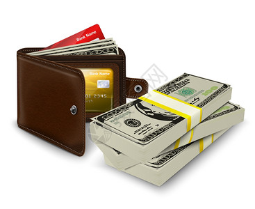 钱 卷经典的现代棕色皮革口袋打开钱包与信用卡钞票银行卷矢量插图插画