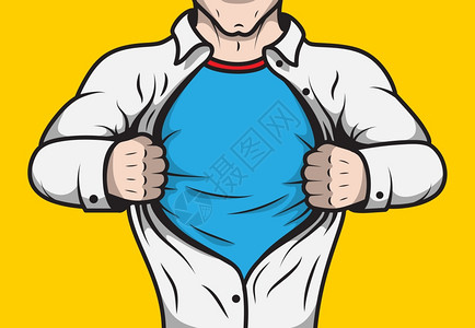 伪装漫画书超级英雄成男子封打开他的衬衫模板矢量插图图片