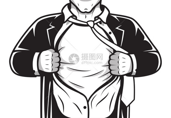 黑白漫画男超级英雄服装领带打开衬衫打印模板矢量插图图片