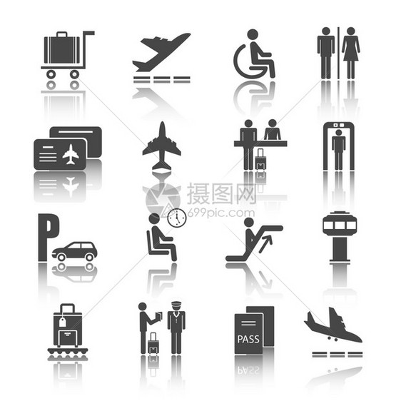 黑色平阴影机场旅行图标与飞机行李乘客孤立矢量插图图片