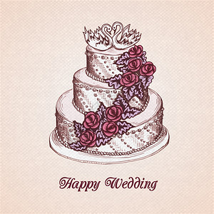 幸福的婚礼贺卡与蛋糕装饰奶油花花环天鹅矢量插图图片