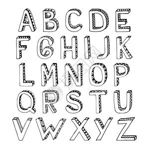 手势心素描手绘三维字母与舱口菱形心脏装饰字体字母孤立矢量插图插画