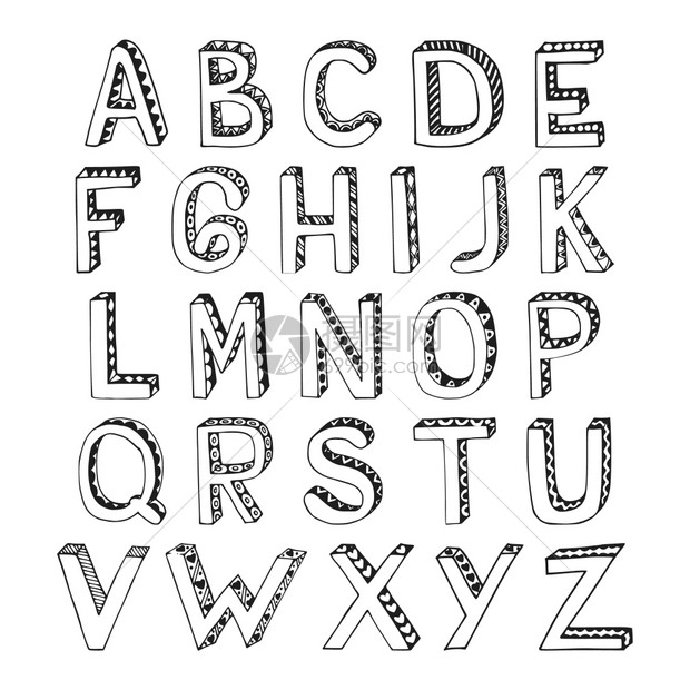 素描手绘三维字母与舱口菱形心脏装饰字体字母孤立矢量插图插画图片