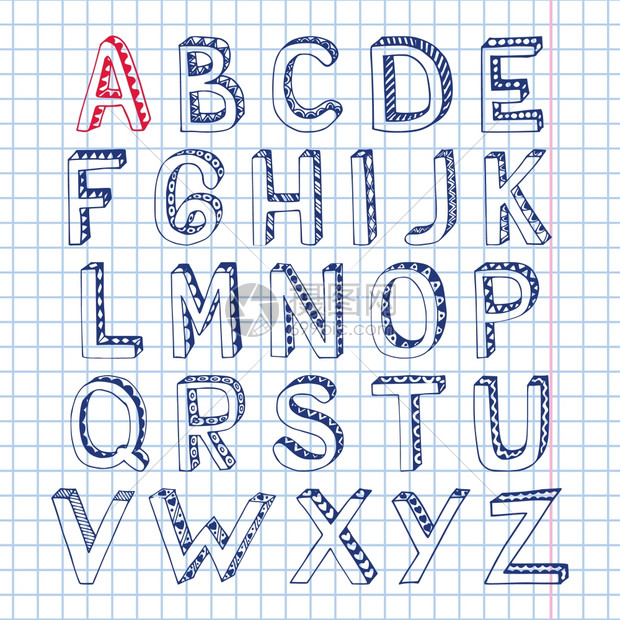 素描手绘三维涂鸦字母表字母平方笔记本页孤立矢量插图