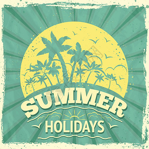 暑假旅行背景海报与日落棕榈树矢量插图图片