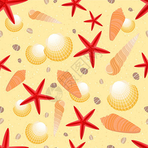 贝壳星星上的金沙夏滩无缝图案矢量插图图片