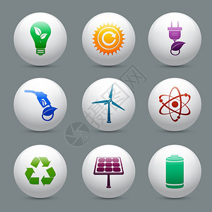 能源生态按钮与原子动力太阳能电池板电池装饰元素隔离矢量插图图片