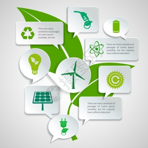能源生态论文语音气泡商业信息元素与绿叶背景矢量插图图片