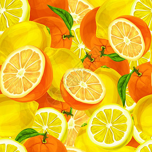 无缝切片多汁切割全柠檬橘子与树叶图案背景矢量插图图片