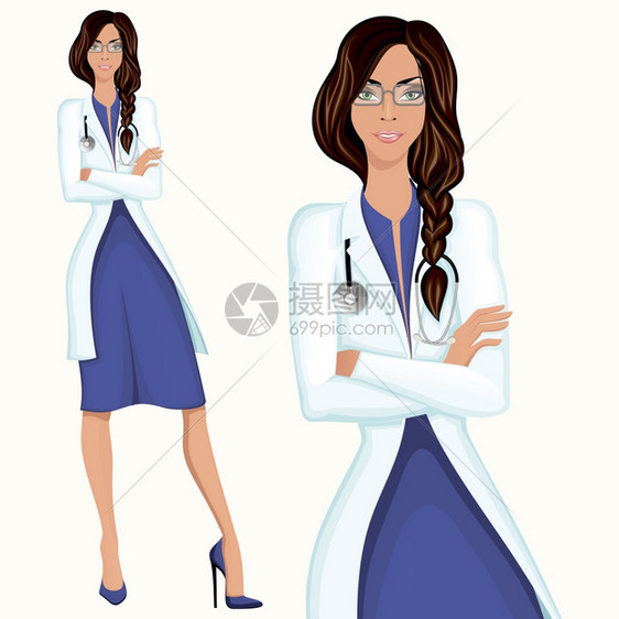 医疗专业吸引力的轻医生助理员工站白色实验室外套矢量插图图片