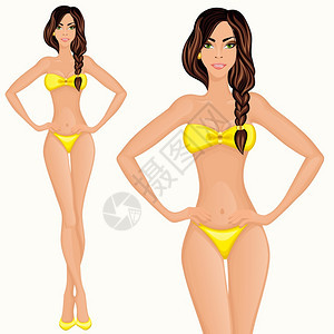 轻的长腿妇女,苗条迷人的身材黄色比基尼矢量插图图片
