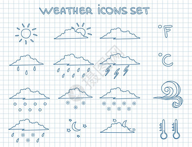 天气预报象形文字集雨风暴雪风涂鸦矢量插图图片