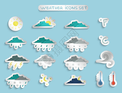 天气预报贴纸章套清晰的多云风暴雪天矢量插图图片