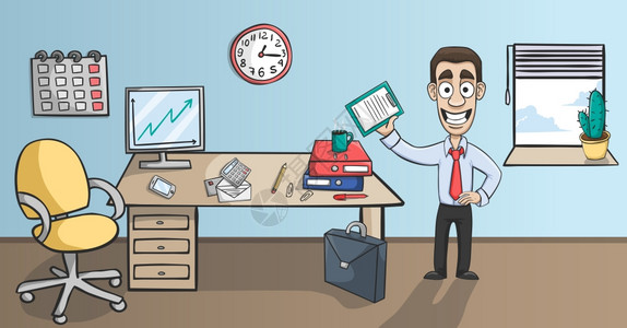 男人腿商务人员格办公室内部与工作场所物品,计算机文具用品矢量插图