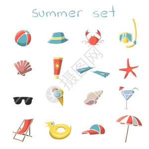 暑假旅行图标浮潜具螃蟹巴马阳伞孤立矢量插图图片