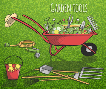 花园工具仪器收集海报与手推车上的草背景矢量插图图片
