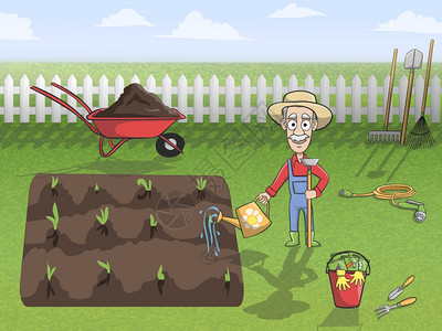 快乐园丁卡通人物帽子浇水植物土壤海报矢量插图图片