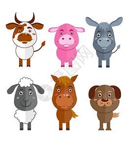 野生家畜卡通人物图标集牛驴羊马孤立矢量插图背景图片