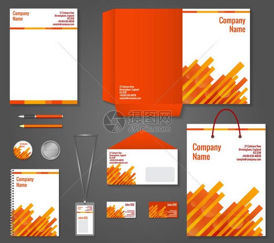 红色橙色几何技术商业文具模板的企业身份品牌集矢量插图图片